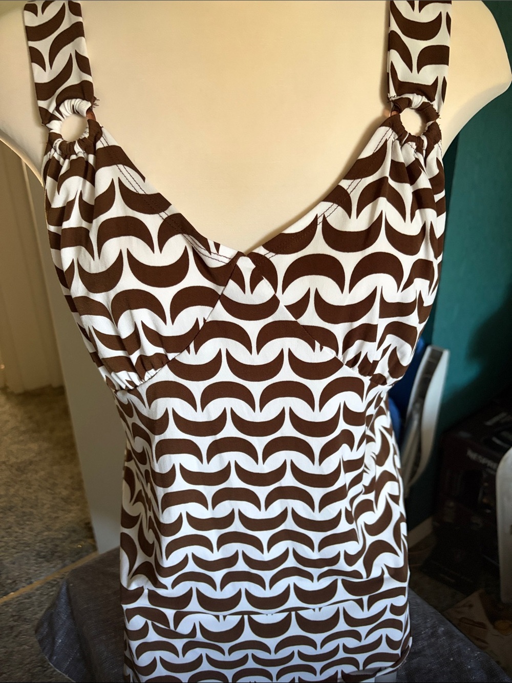 attention Brown & White Geometric Ring-Strap Camisole top